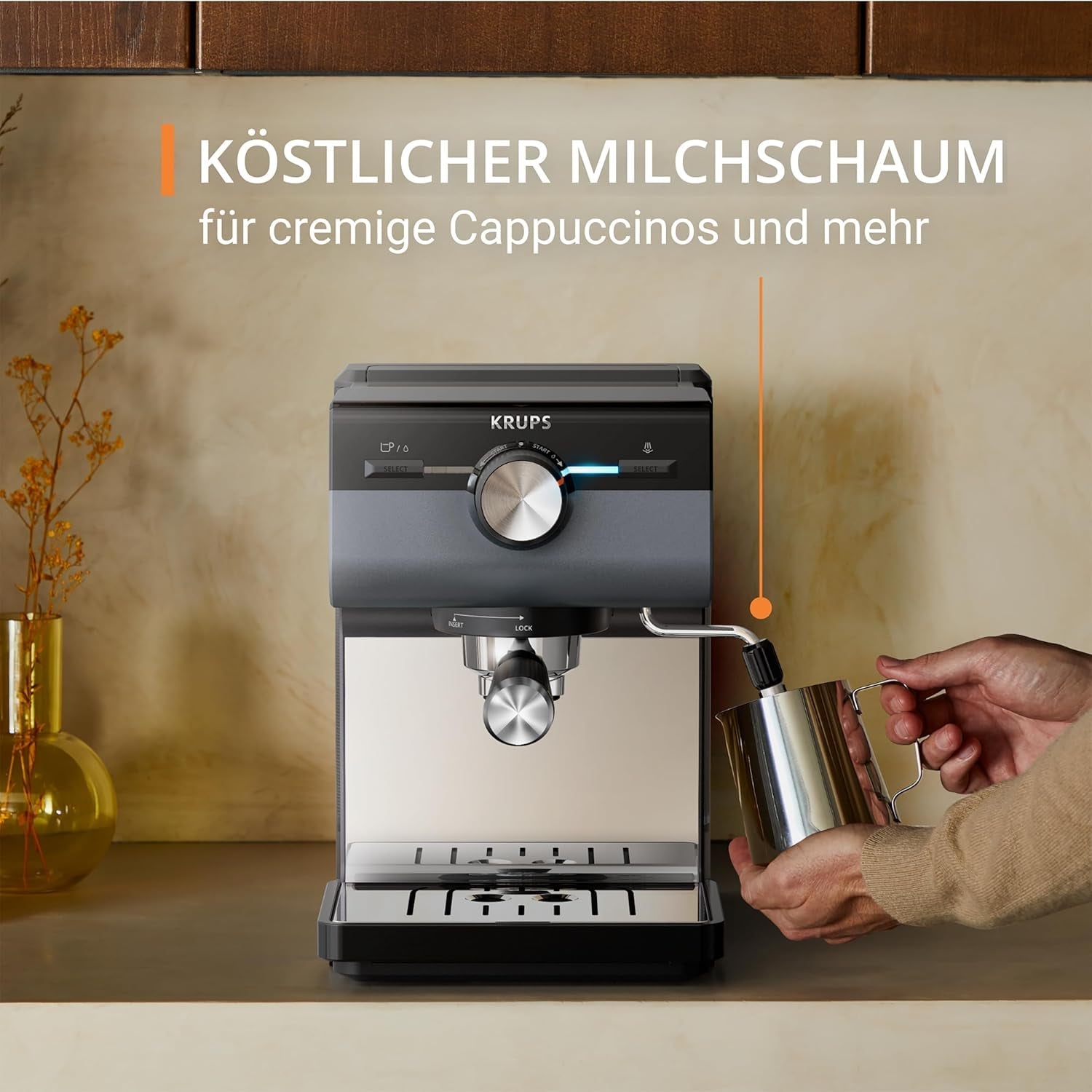 Espressor KRUPS Authentic+, 15 bari, operare intuitivă, design sofisticat, duză de abur, inclusiv accesorii extinse, Bullet Argintiu închis/Oțel inoxidabil, XP384G10