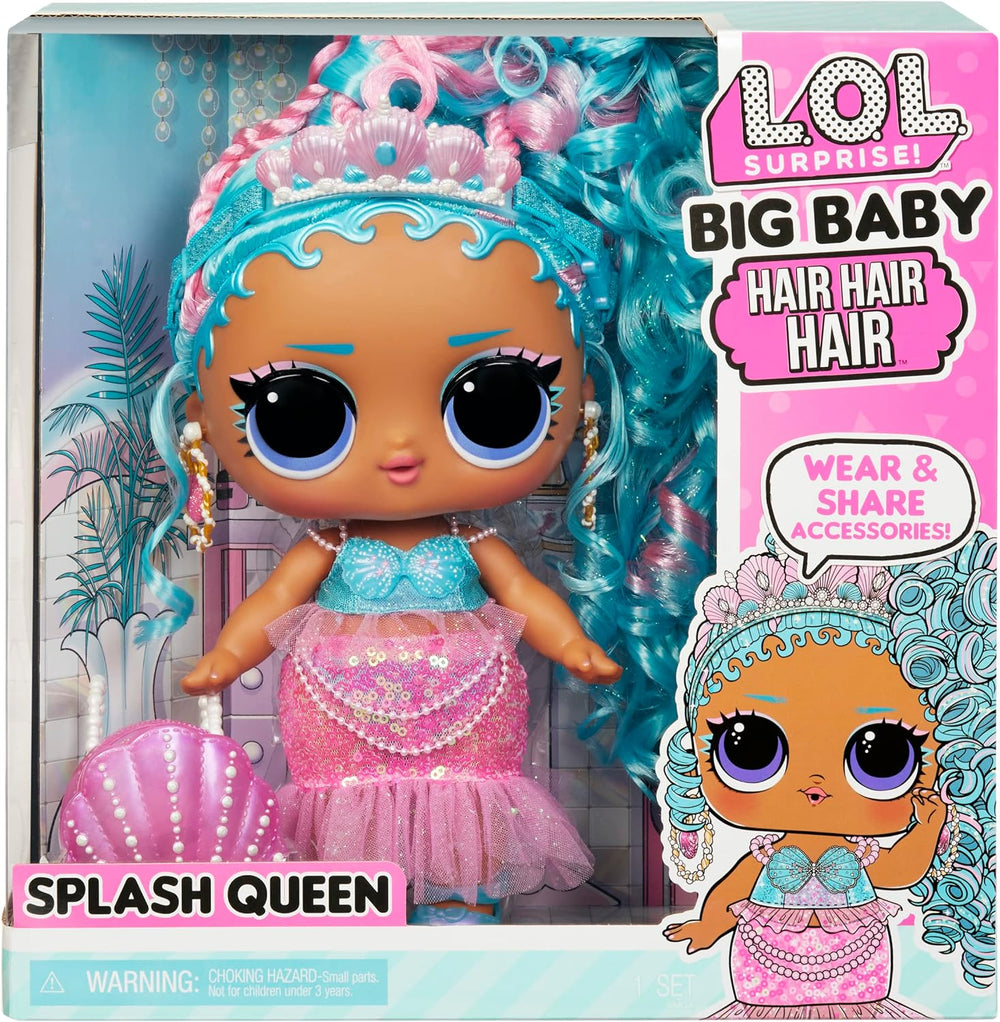 L.O.L. Surprise! Big Baby Hair Hair Hair – SPLASH QUEEN – 27,94 cm große Puppe mit 14 Überraschungen, Accessoires zum Teilen und echten Haaren – Für Kinder und Sammler ab 4 Jahren
