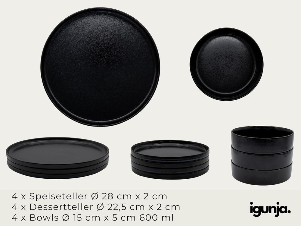 Set de veselă din gresie, set de bol și farfurii negre [12 piese pentru 4 persoane] Set de veselă neagră, 100% lucrat manual, cu glazură reactivă de calitate premium