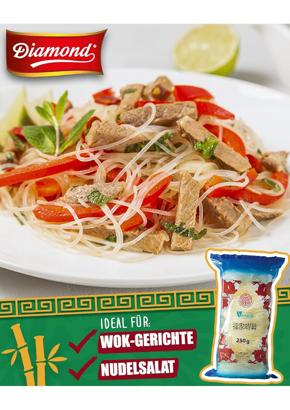 DIAMOND glasnudler, lange glasnudler, naturligt veganske og glutenfri - 1 x 250 g