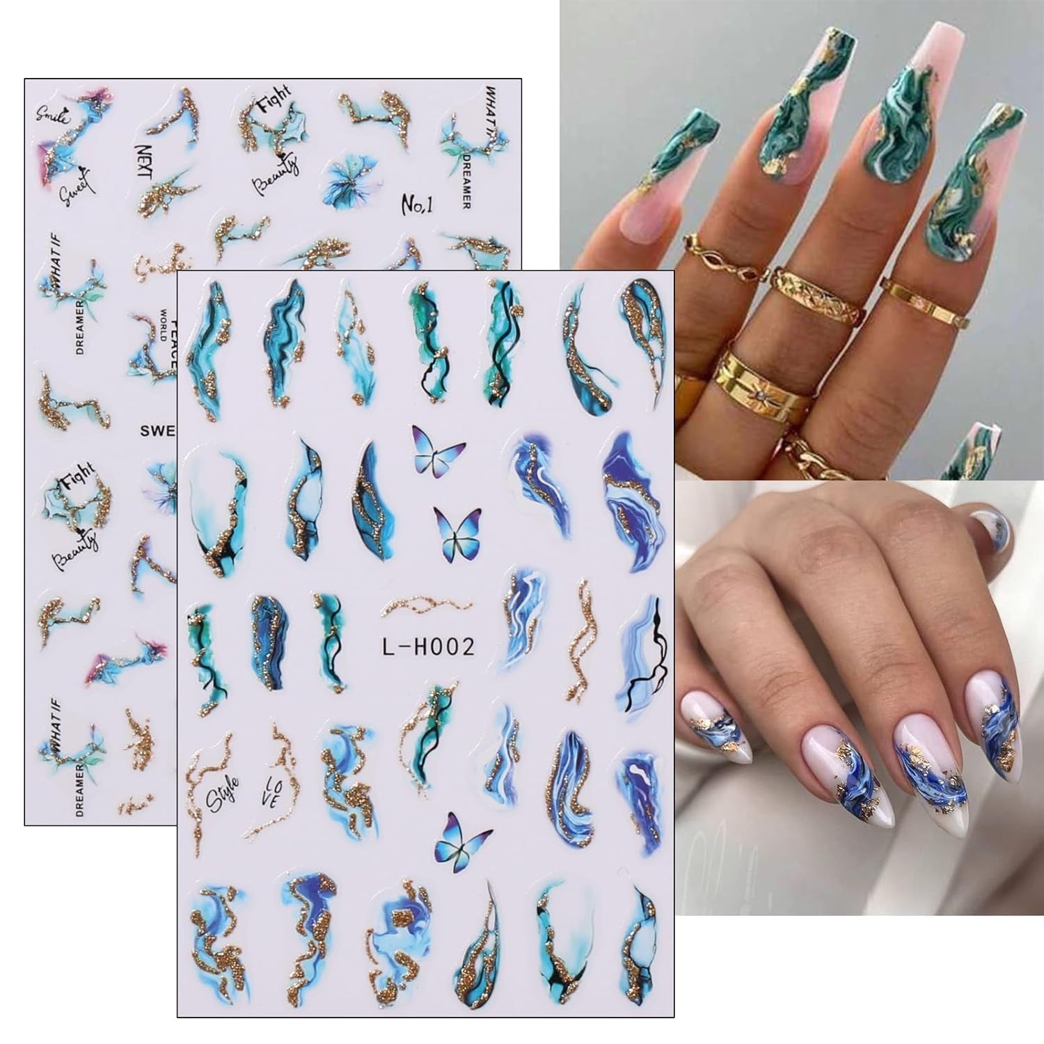 JMEOWIO Nagelsticker Marmor Französische Spitze 10 Blatt Nail Art Sticker Selbstklebend Nagelaufkleber Bunt Dekoration Nageldesign Zubehör