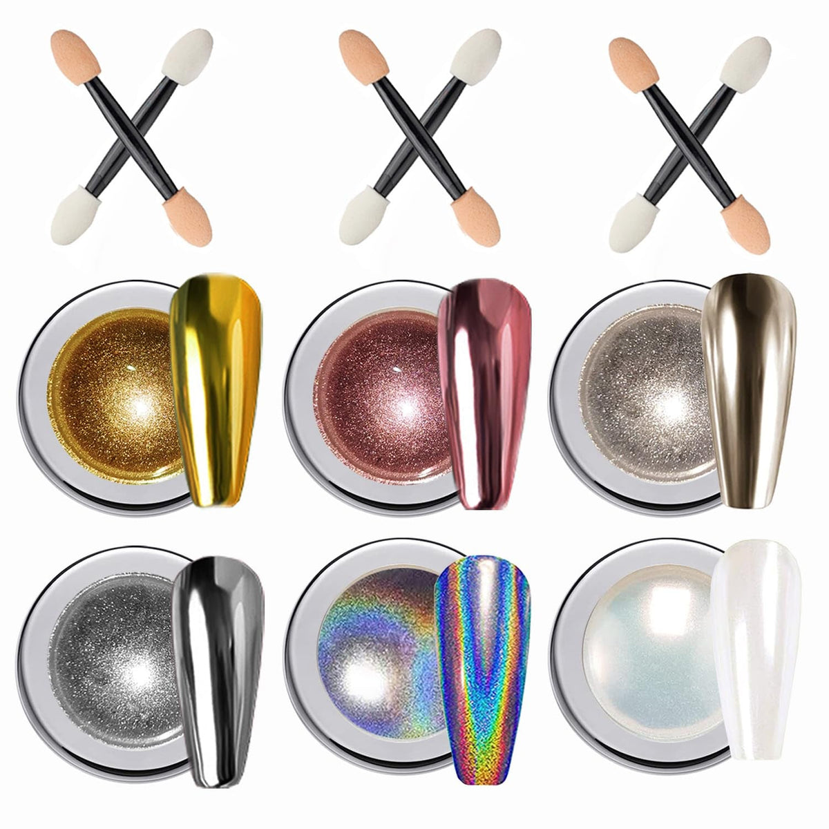 Wahrshei 6 Chrome Nail Powder, Chrome Pulver Nägel Mit Spiegeleffekt, Laser Chrome Puder, Pearl Effect Powder Für Glazed Donut Nails