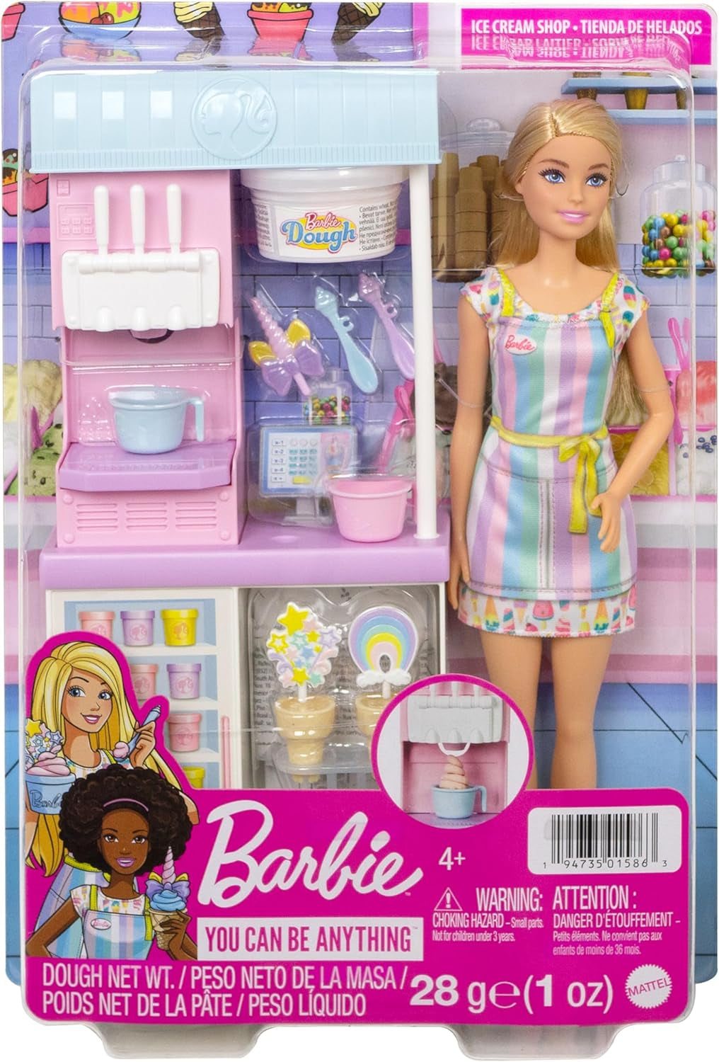 Seria Barbie You Can Be Anything, Salon de înghețată, 1x Păpușă Barbie cu păr blond, Mașină de înghețată, Barbie Play-Doh, Accesorii de copt, Cadou pentru copii, Jucărie pentru vârsta de 3 ani și peste, HCN46