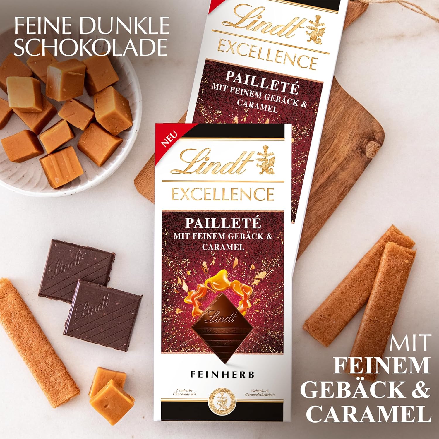 Lindt EXCELLENCE dejstykker med pailletter og karamel - fin mørk chokolade med intens kakaosmag