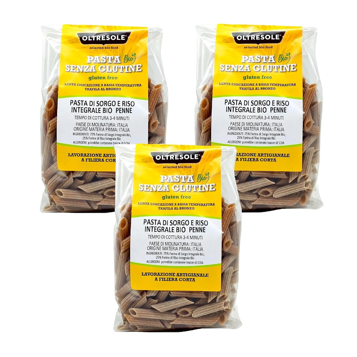 - Italiensk økologisk sorghum og rispasta, glutenfri, penne-form - glutenfri pasta lavet med fuldkornsmel fra økologisk italiensk landbrug, vegansk, pakke med 3 pakker x 350 g