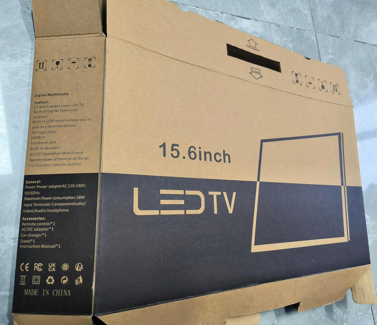 Televizor digital Freeview de 16 inci, tuner DVB-T2, intrare AV, HDMI/VGA, port USB, alimentare de la mașină (12 volți) sau de la rețea, telecomandă