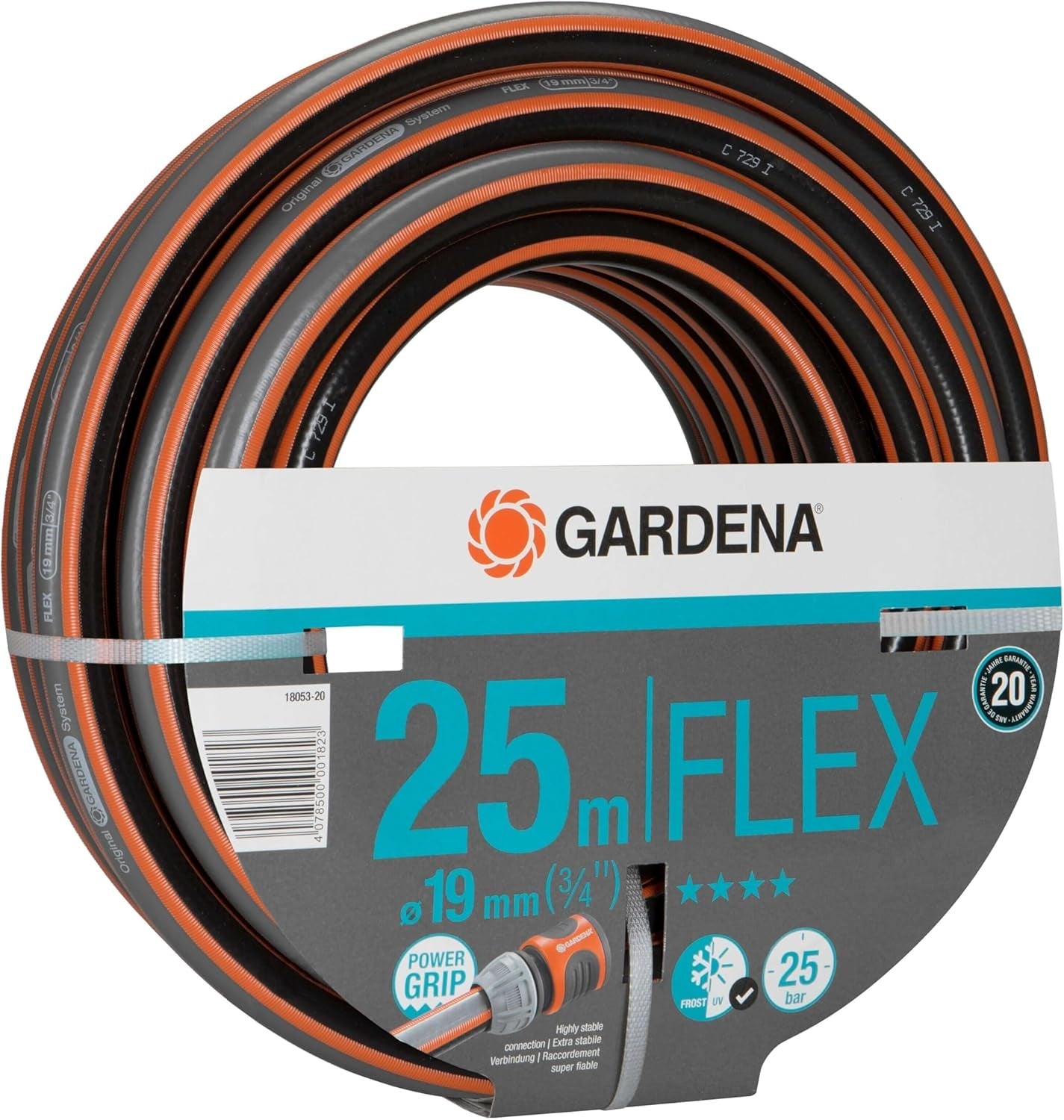 Furtun Gardena Comfort FLEX 19 mm (3/4 inch), 25 m: Furtun de grădină flexibil, stabil dimensional, cu profil Power-Grip, fabricat din material spiralat de înaltă calitate, presiune de spargere de 25 bar, fără componente de sistem (18053-20)