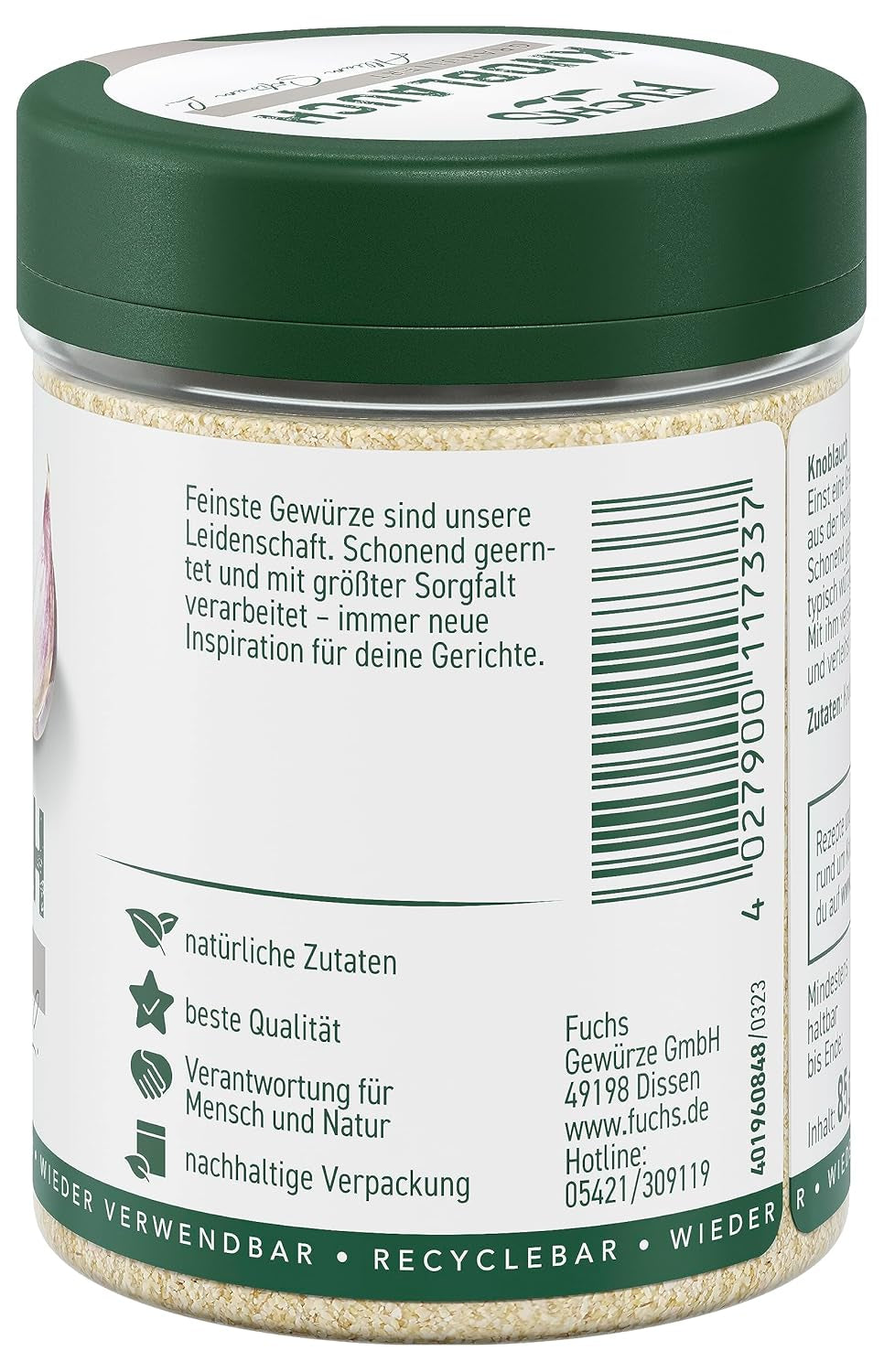 Fuchs Gewürze - Hvidløg granuleret - würzig-zwiebliger Geschmack für Tzatziki, Knoblauchbutter eller Gemüsegerichte - naturlige ingredienser - 85 g i wiederverwendbarer, genbrugsbarer Dosis