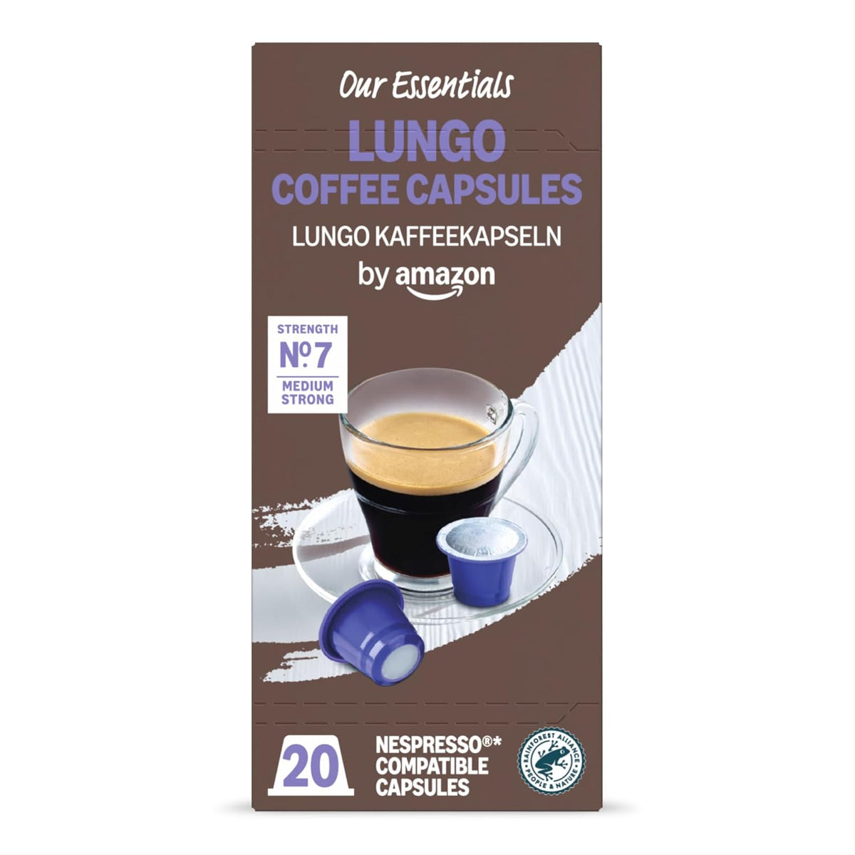 by Amazon Lungo Kaffee-Kunststoffkapseln, Nespresso-kompatibel, 20 Stück, Packung mit 1 – Rainforest Alliance-zertifiziert
