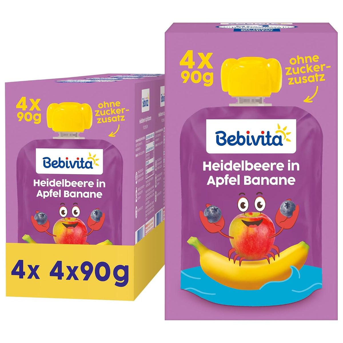 Blåbær-, æble- og bananpresselige poser - 16 (4 pakker, 4 x 90 g hver), uden tilsat sukker, glutenfri, ideel til takeaways og snacks på farten