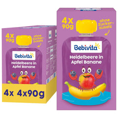 Blåbær-, æble- og bananpresselige poser - 16 (4 pakker, 4 x 90 g hver), uden tilsat sukker, glutenfri, ideel til takeaways og snacks på farten