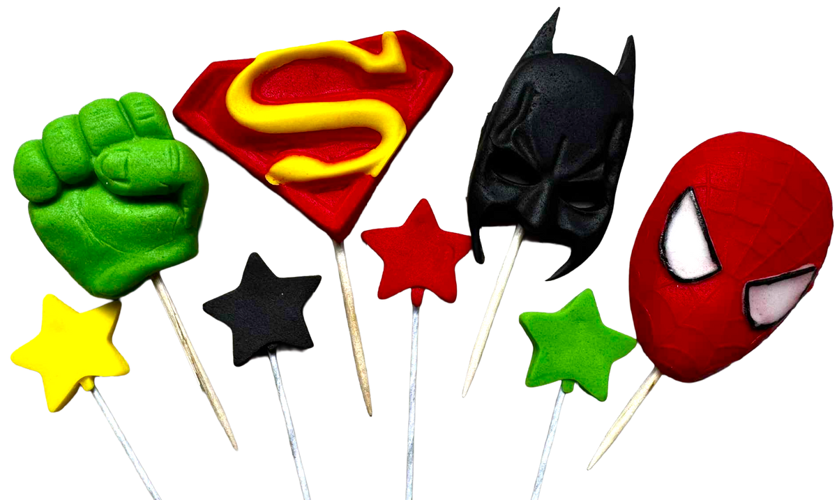 Superhelter Sæt med Spiselige Dekorationer – 8 Figurer af Sukkerpasta, Størrelse 2–5,5 cm