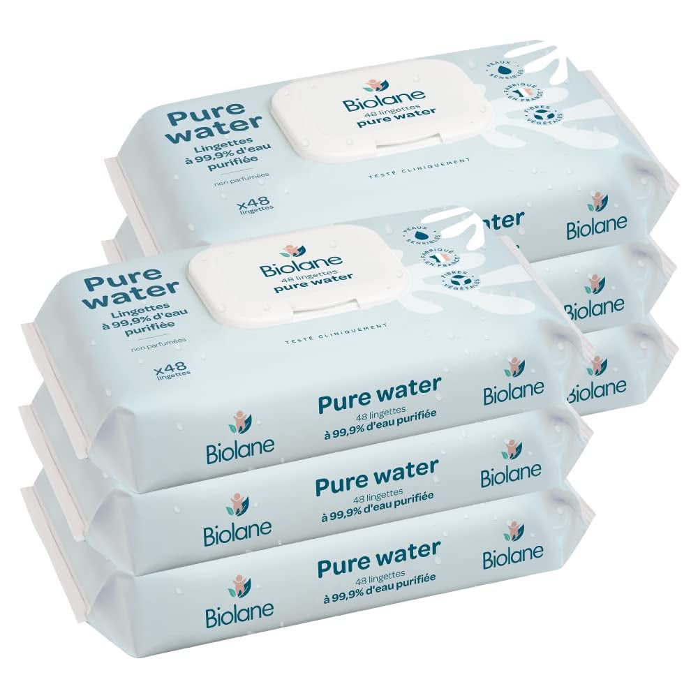 Rengøringsservietter til babyer BIOLANE Rent vand - Til følsom hud - Fra fødslen Baby vådservietter Naty Shop Sæt 6 X 48 servietter