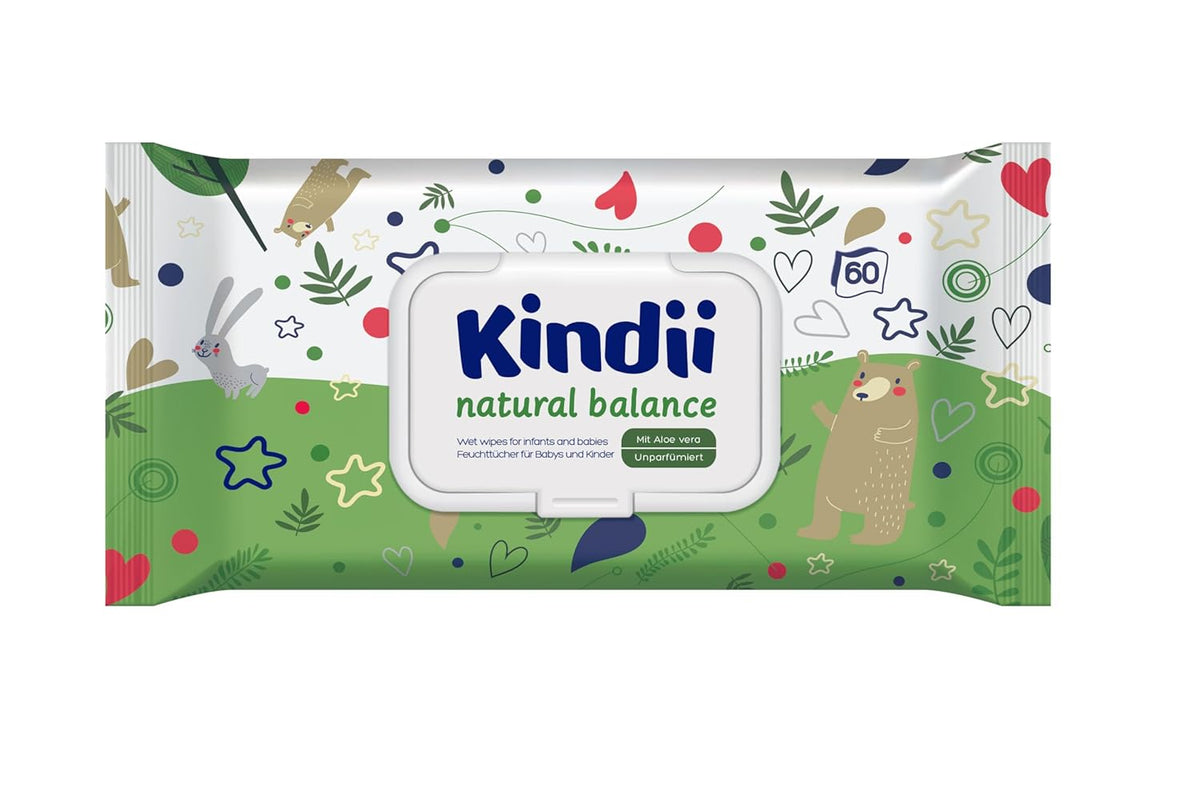 Kindii Natural Balance vådservietter til babyer – (1 x 60 stk.) Vådservietter til babyer og børn – Beskyttende, Aloe Vera, Delikat duft – 60 stk.