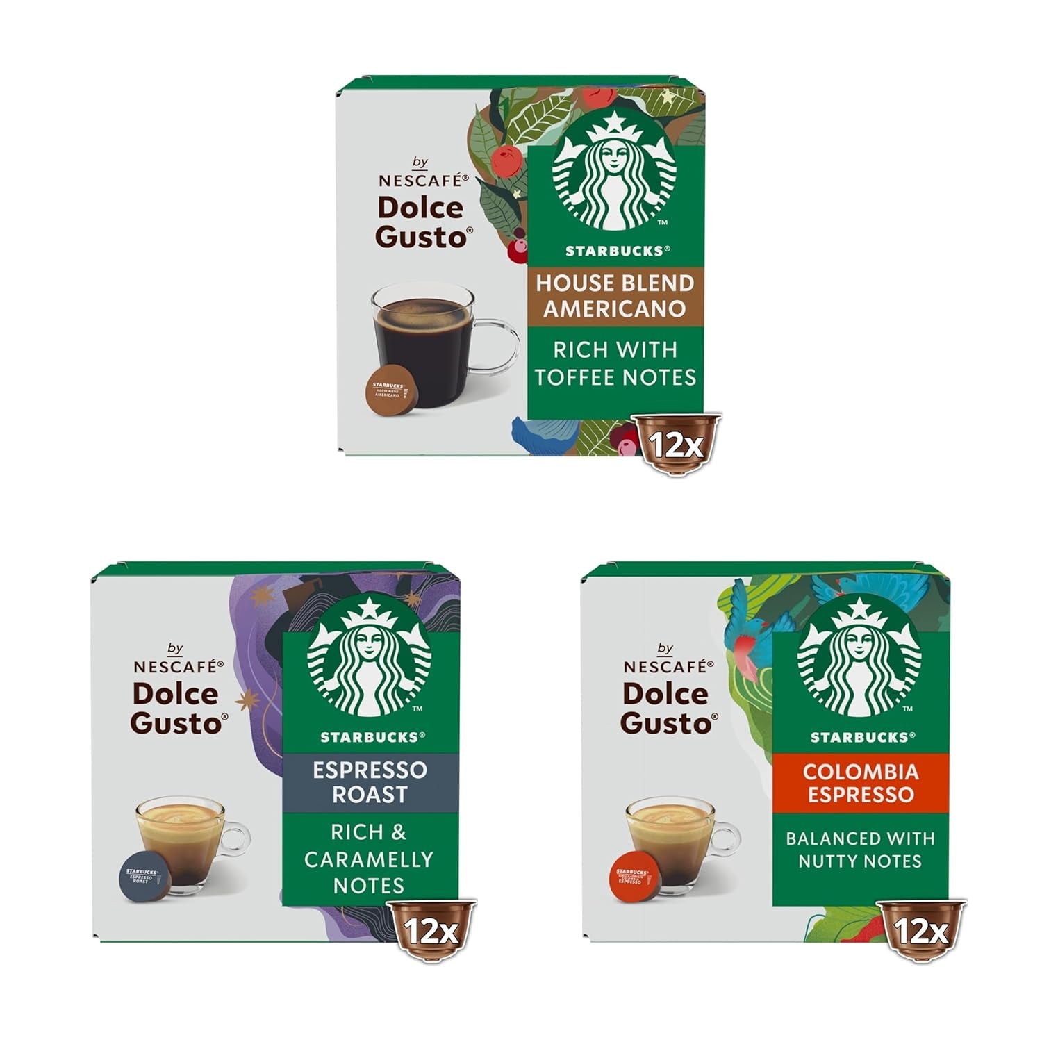 STARBUCKS Probierset, Espresso-Varianten by Nescafé Dolce Gusto Kaffeekapseln 6 x 12 (72 Kapseln) - Exklusiv bei Amazon