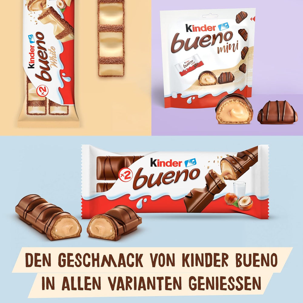 Kinder Bueno Mini - Crunchy Wafer chokoladebarer, mælkecreme og hasselnødder og fin mælkechokolade - Karnevalsgodbidder - 1 pose mini individuelt indpakkede stænger (1 x 108 g)