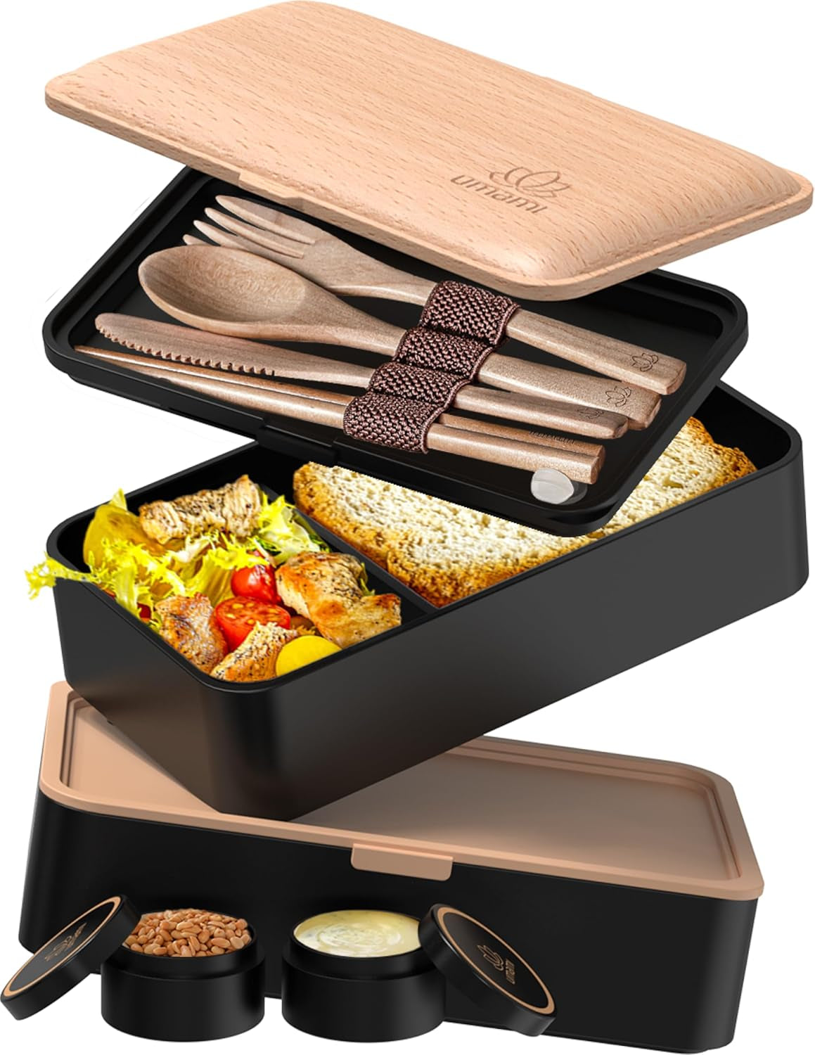 Cutie de prânz Umami pentru adulți, cutie bento stivuibilă etanșă cu 4 tacâmuri și compartimente, cutie de prânz pentru adulți, recipient pentru salată to-go, cutie de prânz pentru picnic / birou, gri cărbune, 1500 ml Cutii depozitare alimente Naty Shop Fag negru L - 1200 Ml