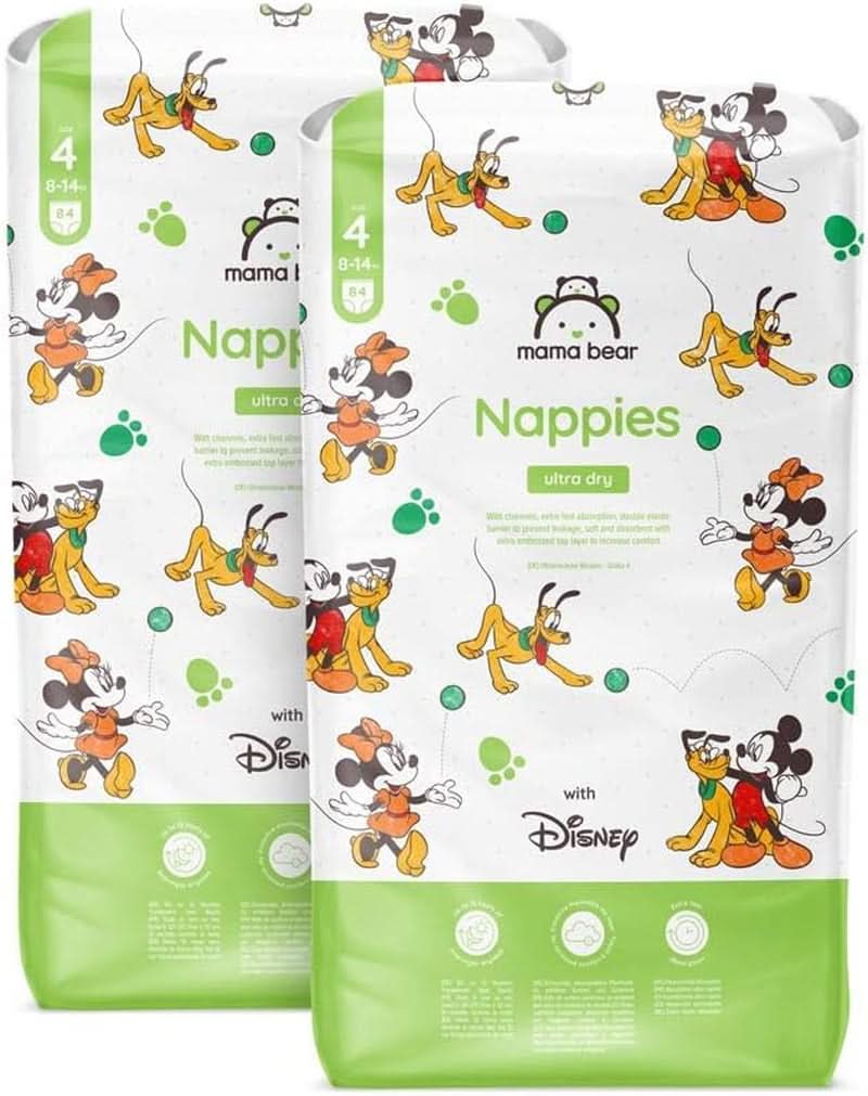 Mama Bear Disney Ultra Dry bleer størrelse 4 (8-14 kg), hvid, 84 stykker (1 pakke) Naty Shop størrelse 4 (8-14 kg) Månedlig pakke