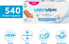 WaterWipes Sensitive+ vådservietter til nyfødte og babyer, 540 stykker (9 pakker), 3-i-1 rengøring, pleje, beskyttelse, 99,9 % vand, parfumefri