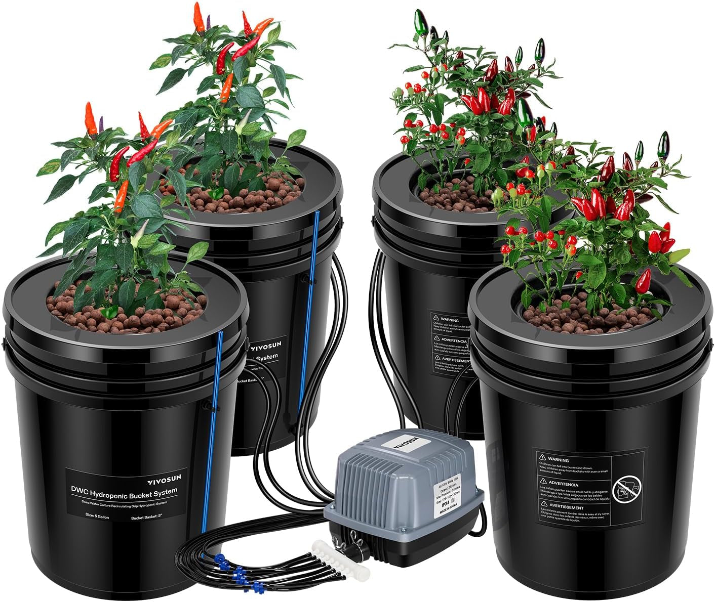 VIVOSUN DWC Hydrokultur Anbausystem med Topf-Dripkit, 5-Gallonen Tiefwasserkultur, Umwälz-Tropfgartensystem med Mehrzweck-Luftschlauch, 8W Luftpumpe og Luftstein (1 Bucket + Top-Drip-Kit)