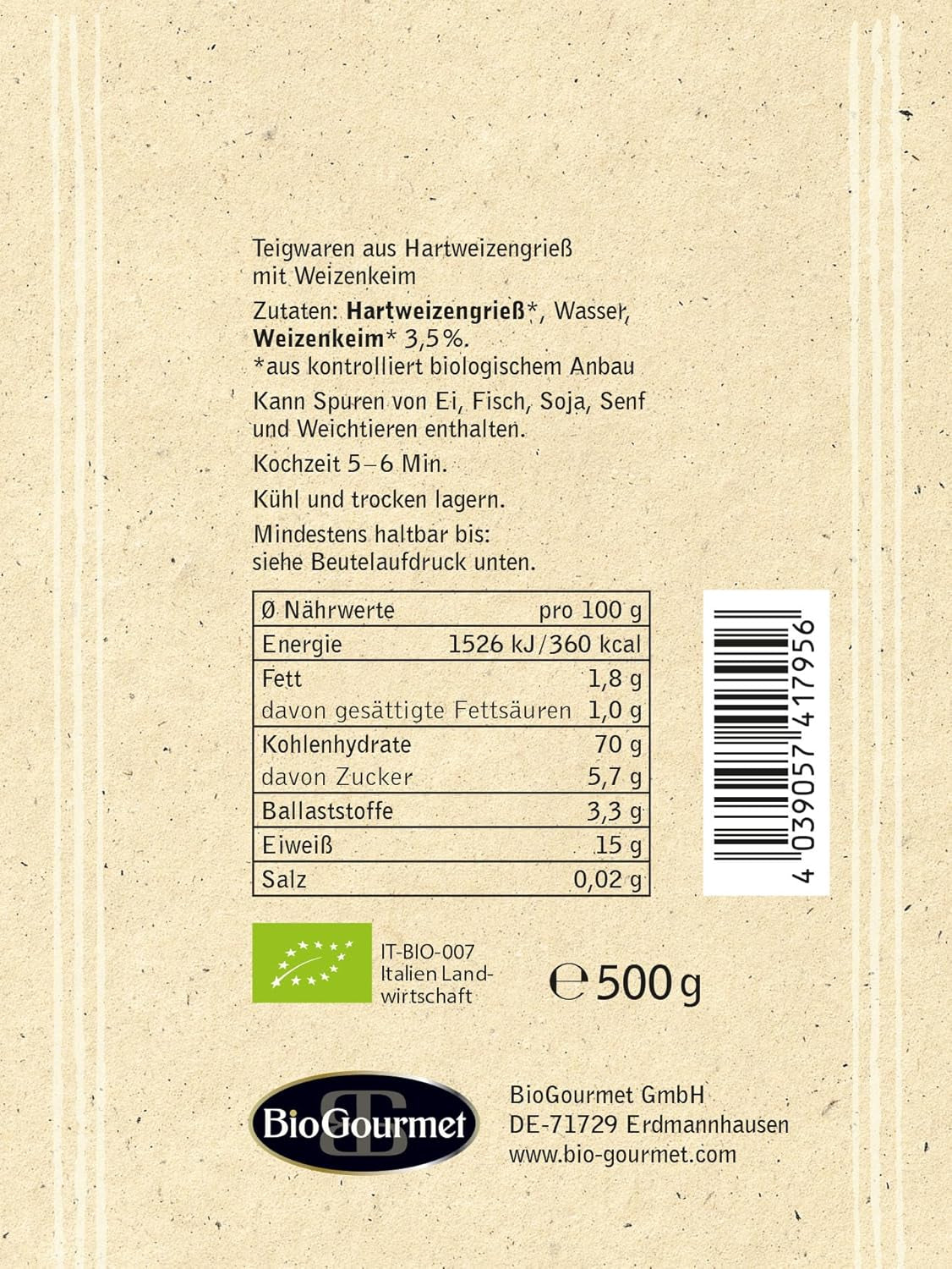 BioGourmet Pappardelle med hvedekim - Økologisk bred pasta til gryderetter og saucer - med ekstra næringsstoffer | 500 g økologisk og vegansk