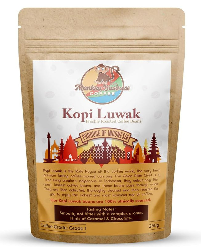 - Boabe de cafea măcinate Kopi Luwak sălbatice - 250 de grame (Disponibile și alte gramaje și tipuri de boabe) - Obținute din surse etice de la animale crescute în libertate (din Indonezia)