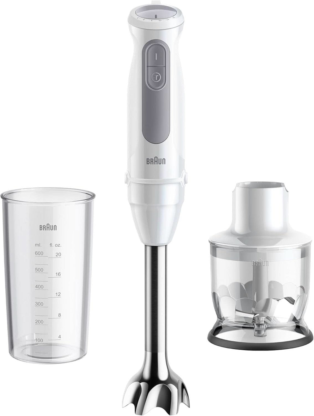 Braun Stabmixer MQ 5200WH - Multiquick 5 Vario Pürierstab Mit Edelstahl Mixfuß, 1000 Watt, Inkl. 600 Ml Mix- & Messbecher, Weiß/Grau Kitchen Naty Shop Version 2024 - Edelstahlschaft