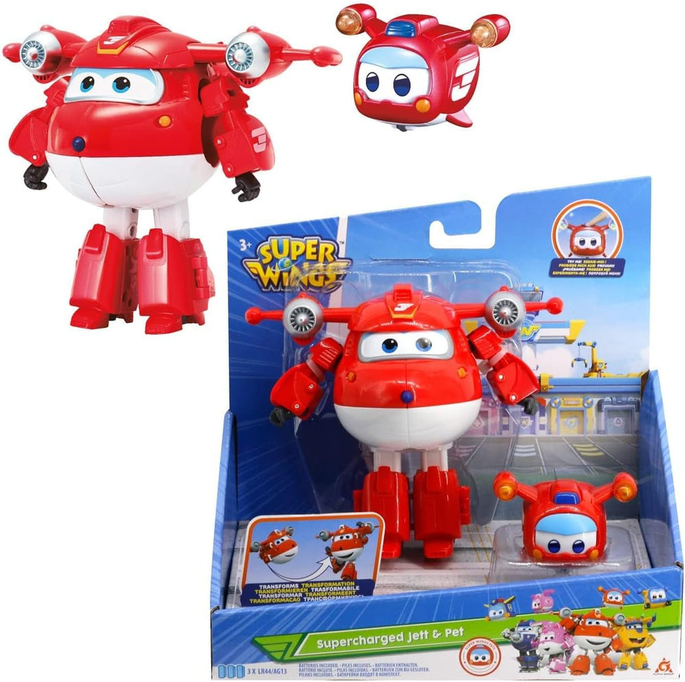 Super Wings EU770447 - Transformering Tino & Pet, transformerende legetøjsfigur ca. 14,5 cm og kæledyr med højden på ca. 4,3 cm, til børn over 3 år Actionfigurer Naty Shop Jett Pet