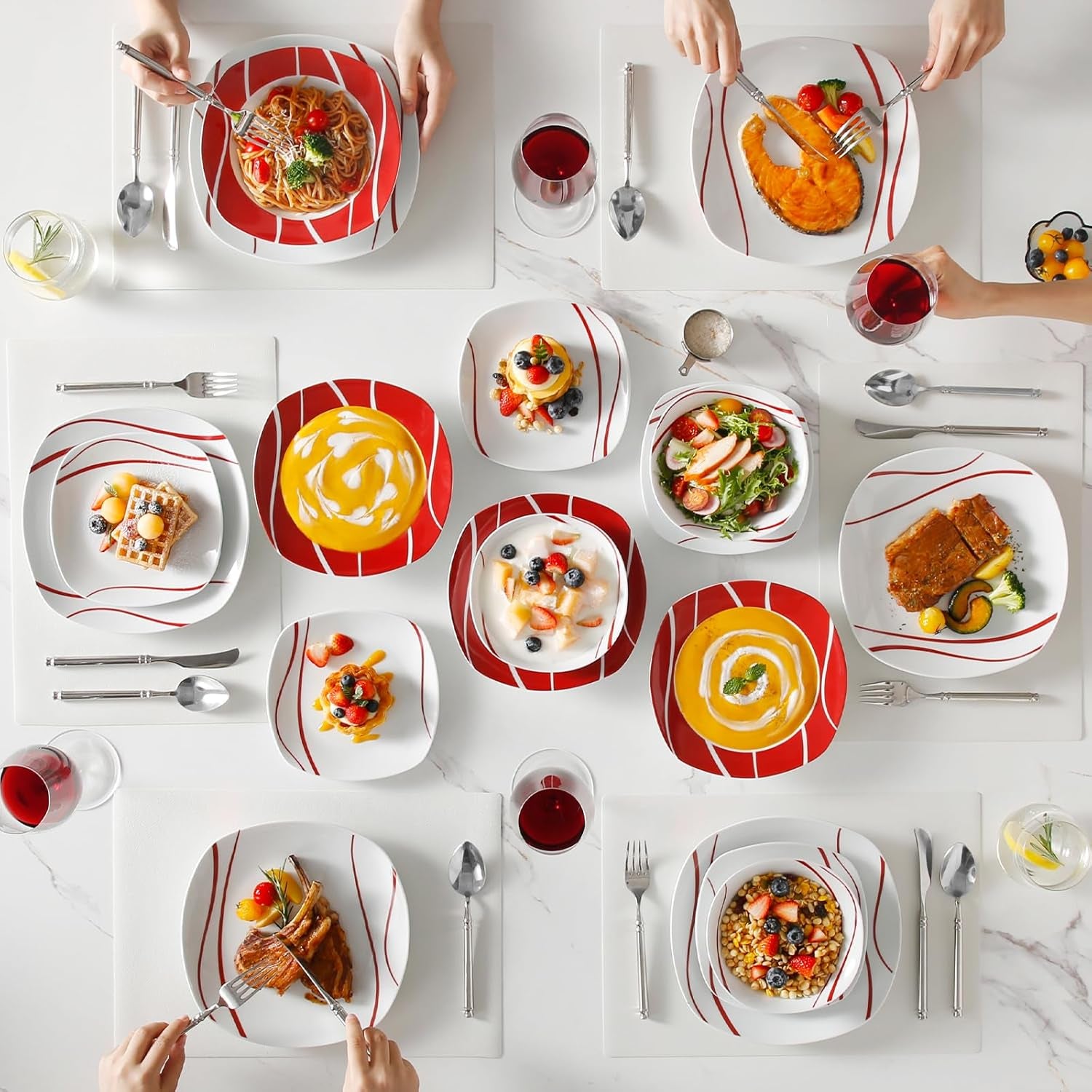 Set de veselă MALACASA pentru 6 persoane, serviciu de masă din porțelan Felisa cu 24 de piese, set de veselă modern cu 6 farfurii de cină, farfurii de desert, farfurii de sumă și boluri, perfect pentru Crăciun și pentru uz zilnic