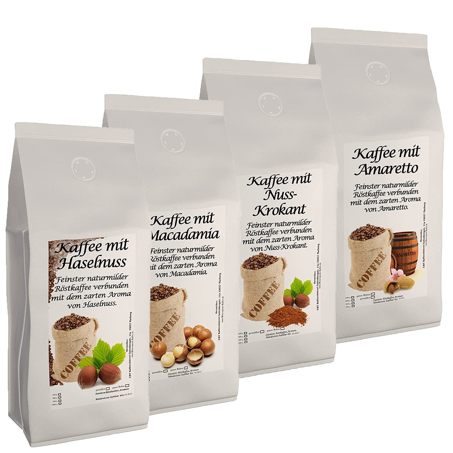 4 x 500g leckere, nussige Aromakaffee Sorten - Kaffee mit Haselnuss, Macadamia, Nuss-Krokant, Amaretto (Gemahlen)