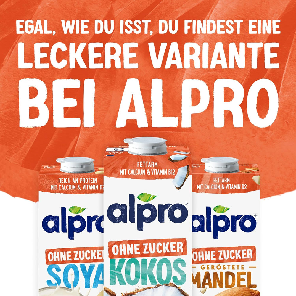 Alpro Kokosnussdrink ohne Zucker – Ohne Süßstoffe – Vegan und milchfrei – Von Natur aus lactosefrei und fettarm – Rich an Calcium und Vitaminen – 8 x 1 L