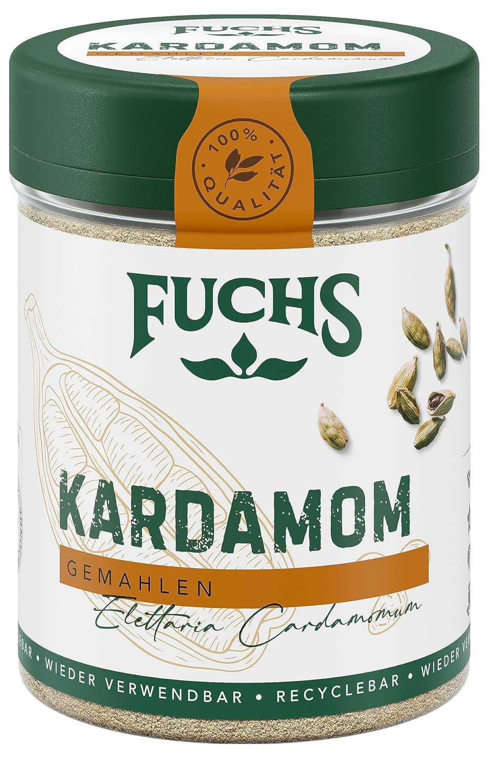 Fuchs Gewürze - Kardemomme gemahlen - Gewürz für Glühwein oder Fleischgerichte wie Roastbeef eller Schweinebraten - naturlige ingredienser - 50 g i wiederverwendbarer, genbrugsbarer Dosis