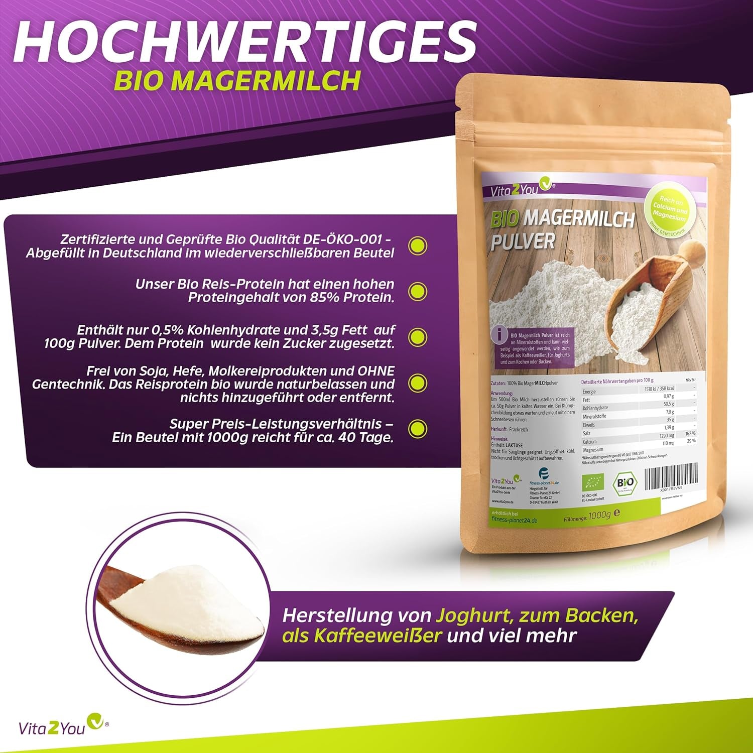 Vita2You Bio Skummetmælkspulver 1000g - 100% Bio Qualität - til bagning - Kaffeeweißer - Milchpulver für Joghurts - 1 kg - Premium Qualität