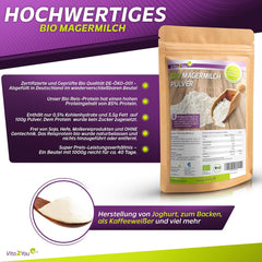 Vita2You Bio Skummetmælkspulver 1000g - 100% Bio Qualität - til bagning - Kaffeeweißer - Milchpulver für Joghurts - 1 kg - Premium Qualität