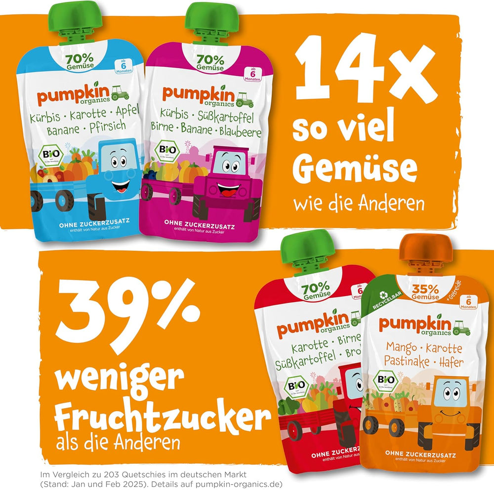 Pumpkin Organics Bio Gemüse-Getreide-Quetschie Kürbis, Birne, Apfel, Pflaume, Hafer ohne Zuckerzusatz¹ - ab 8 Monaten - as Snack eller Beikost für unterwegs (100g)