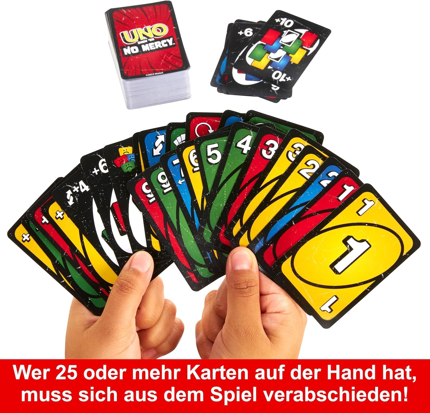 Mattel UNO Show 'em No Mercy - 56 ekstra kort, udfordrende actionkort og brutale spilleregler for den mest nådesløse version, stabelregel og håndudveksling, alder 7+, HWV18