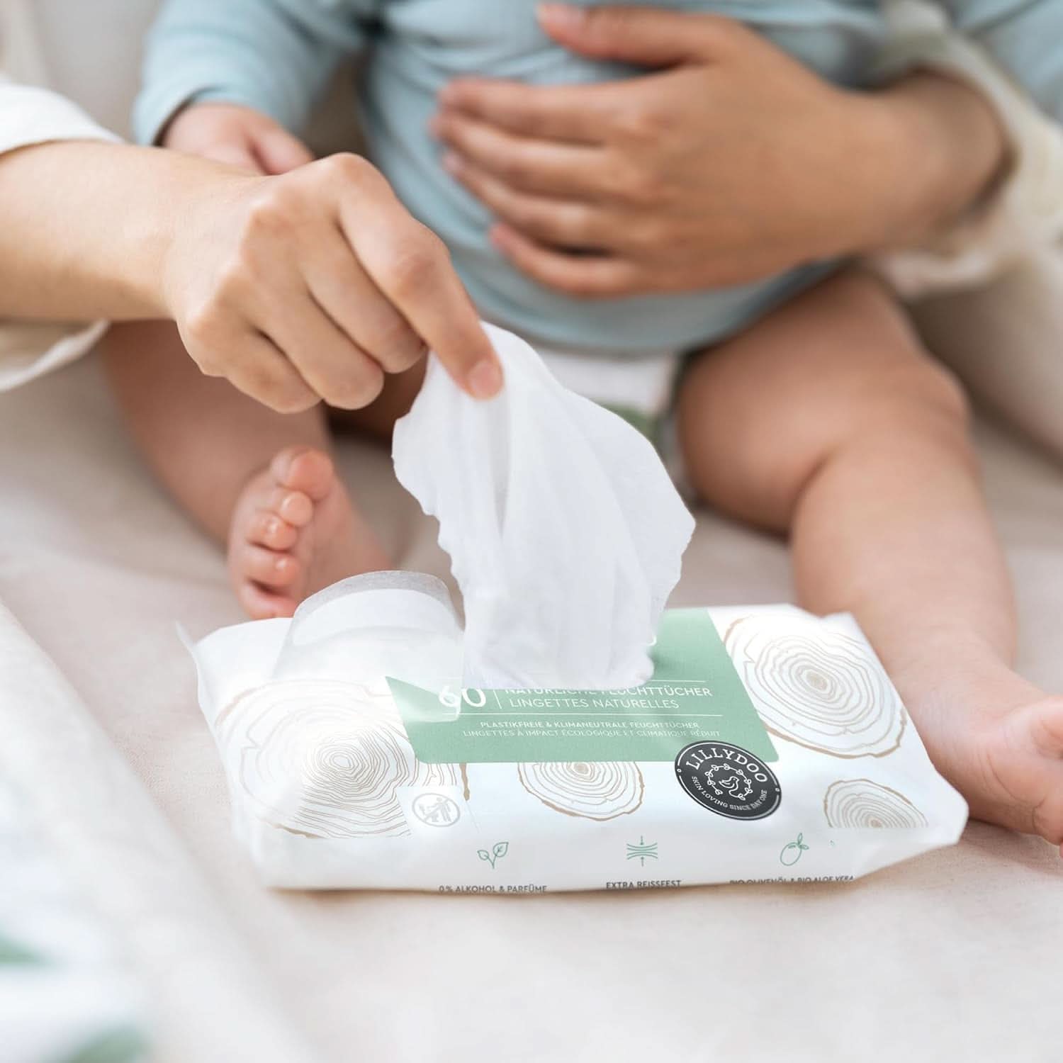 LILLYDOO Grønne naturlige vådservietter, 100 % plastikfri, parfumefri (FSC Mix) Naty Shop Baby vådservietter