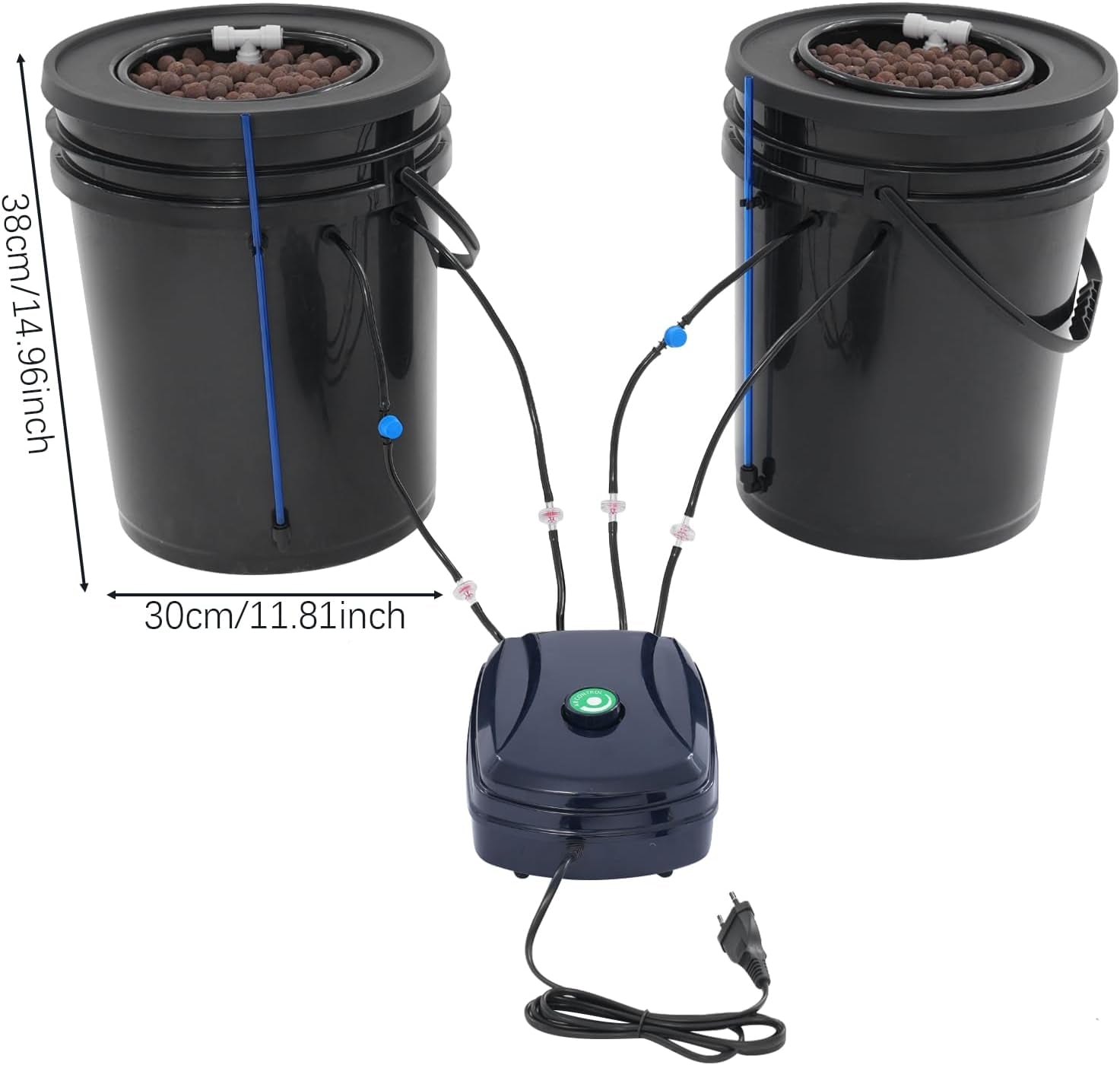 Komplet DWC Hydroponic System Kit med 12W luftpumpe, 2 spande (5 gallon), Hydroponic Grow System, 2 poser Ceramsite, Pot Irrigation Kit