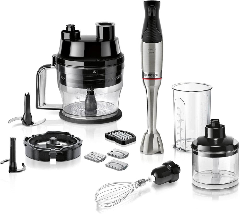 Bosch Standmixer Ergomaster Serie 6 MSM6M810, Einhändig Bedienbar, 10 Jahre Motorgarantie, Edelstahl-Klingen, Verschleißfreie Keramik-Kupplung, Luftkühlung, Quattroblade, Mixbecher, 1200 W, Edelstahl Kitchen Naty Shop 7-In-1, 1200t