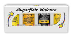Coloranți alimentari pentru paste Sugarflair, galben, set de 4, coloranți alimentari pentru paste, fondant, marțipan, pastă de zahăr, cremă de unt și multe altele: narcisă, galben canar, galben ou cremă, pepene galben - set de 4
