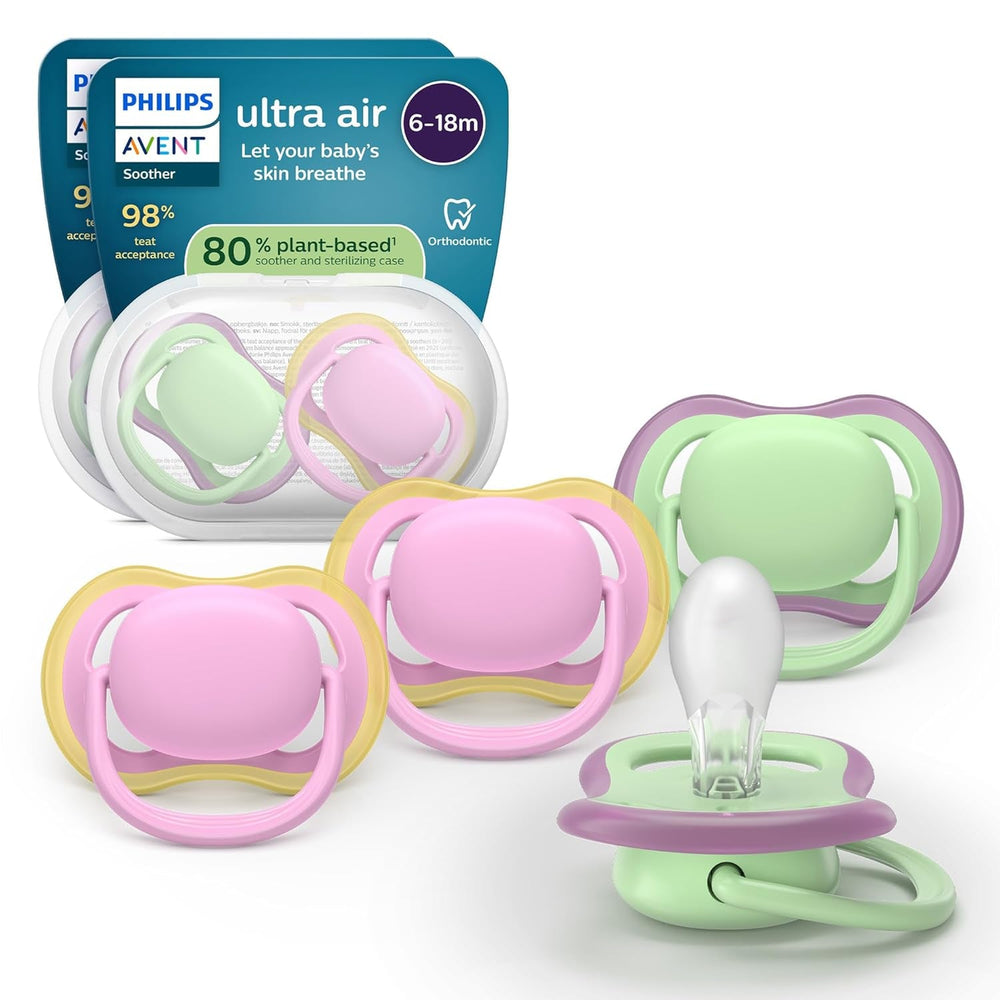 Suzete Philips AVENT ultra air - pachet de 4 suzete fără BPA, respirabile, pentru bebeluși 6-18 luni, inclusiv cutie de transport și sterilizare, model broască țestoasă/balenă (model SCF085/66)