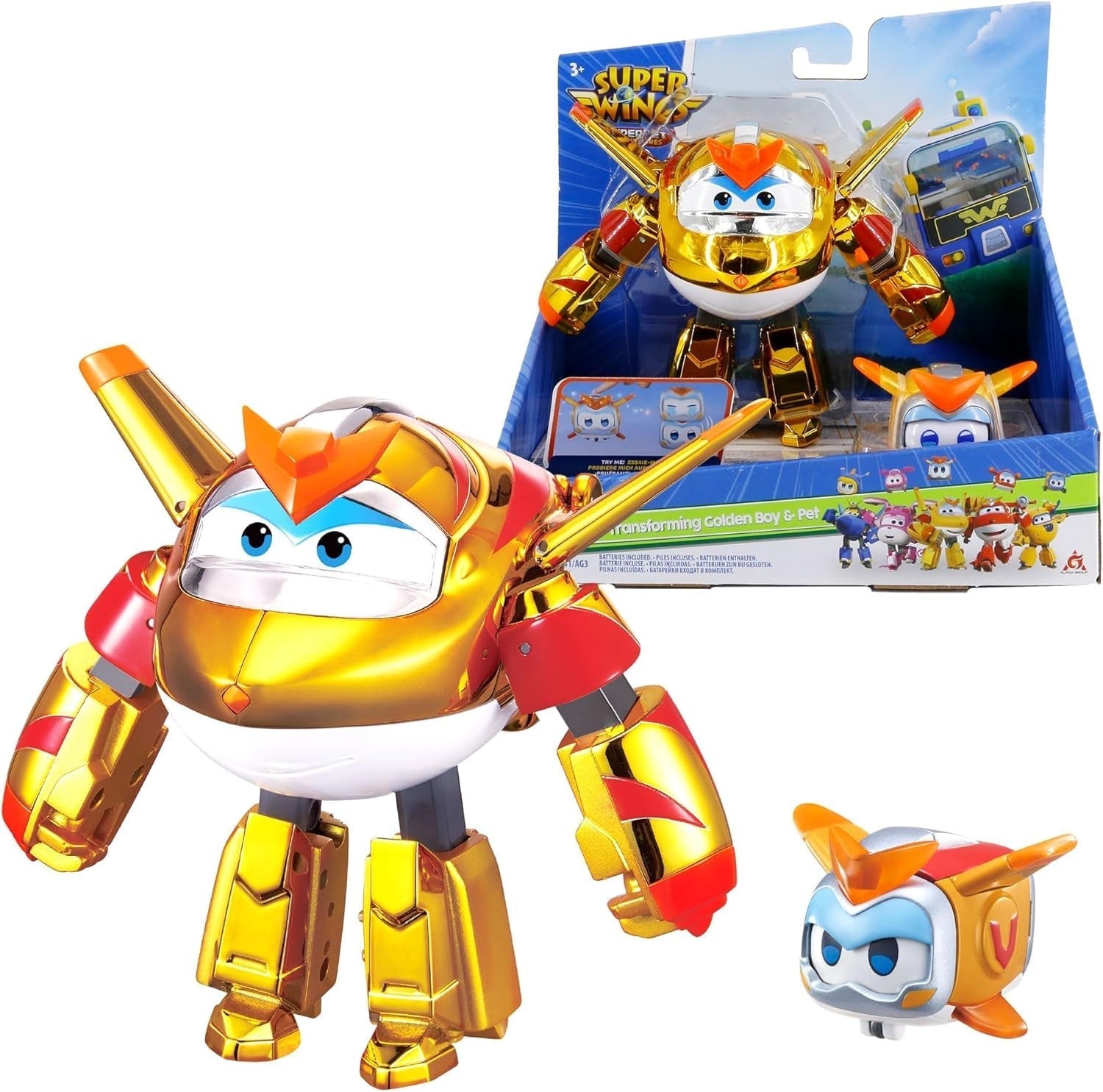 Super Wings EU770447 - Transformering Tino & Pet, transformerende legetøjsfigur ca. 14,5 cm og kæledyr med højden på ca. 4,3 cm, til børn over 3 år Actionfigurer Naty Shop Den gyldne dreng
