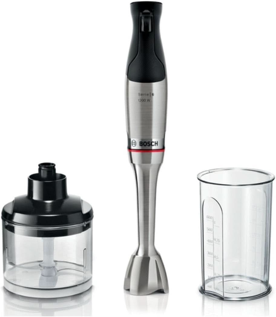 Bosch Stabmixer Ergomaster Serie 6 MSM6M810, Einhändig Bedienbar, 10 Jahre Motorgarantie, Edelstahl-Klingen, Verschleißfreie Keramik-Kupplung, Luftkühlung, Quattroblade, Mixbecher, 1200 W, Edelstahl Kitchen Naty Shop 2-In-1, 12000