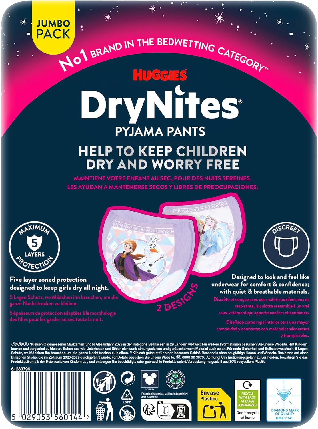 Huggies DryNites superabsorberende nattebleer til piger 3-4 år (12-21 kg) 4 x 16 antal (64 antal i alt) Månedlig trussepakke