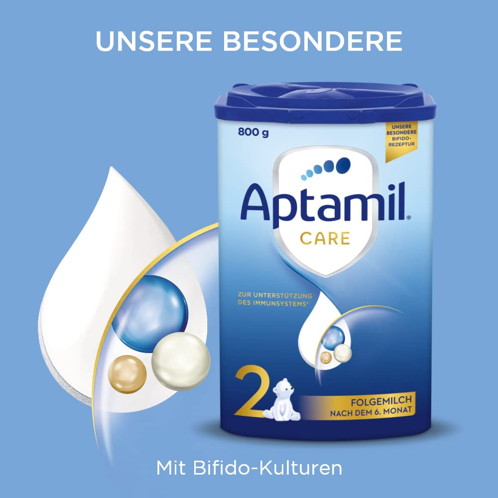 Aptamil Care 2 - Tilskudsmælk efter 6 måneder, med Omega 3 og 6, DHA og ARA, palmeoliefri, babymad, mælkepulver, 1 x 800 g (pakke med 3)