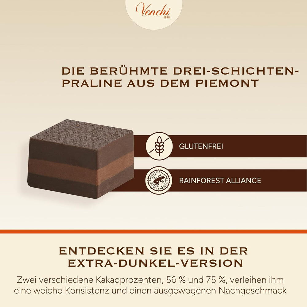Venchi - Cremino Extra Black Chocolate - Mørk chokolade med mandelmasse og "Piemontesiske skovhasselnødder BGB", 1 kg, glutenfri, uden farvestoffer og uden konserveringsmidler
