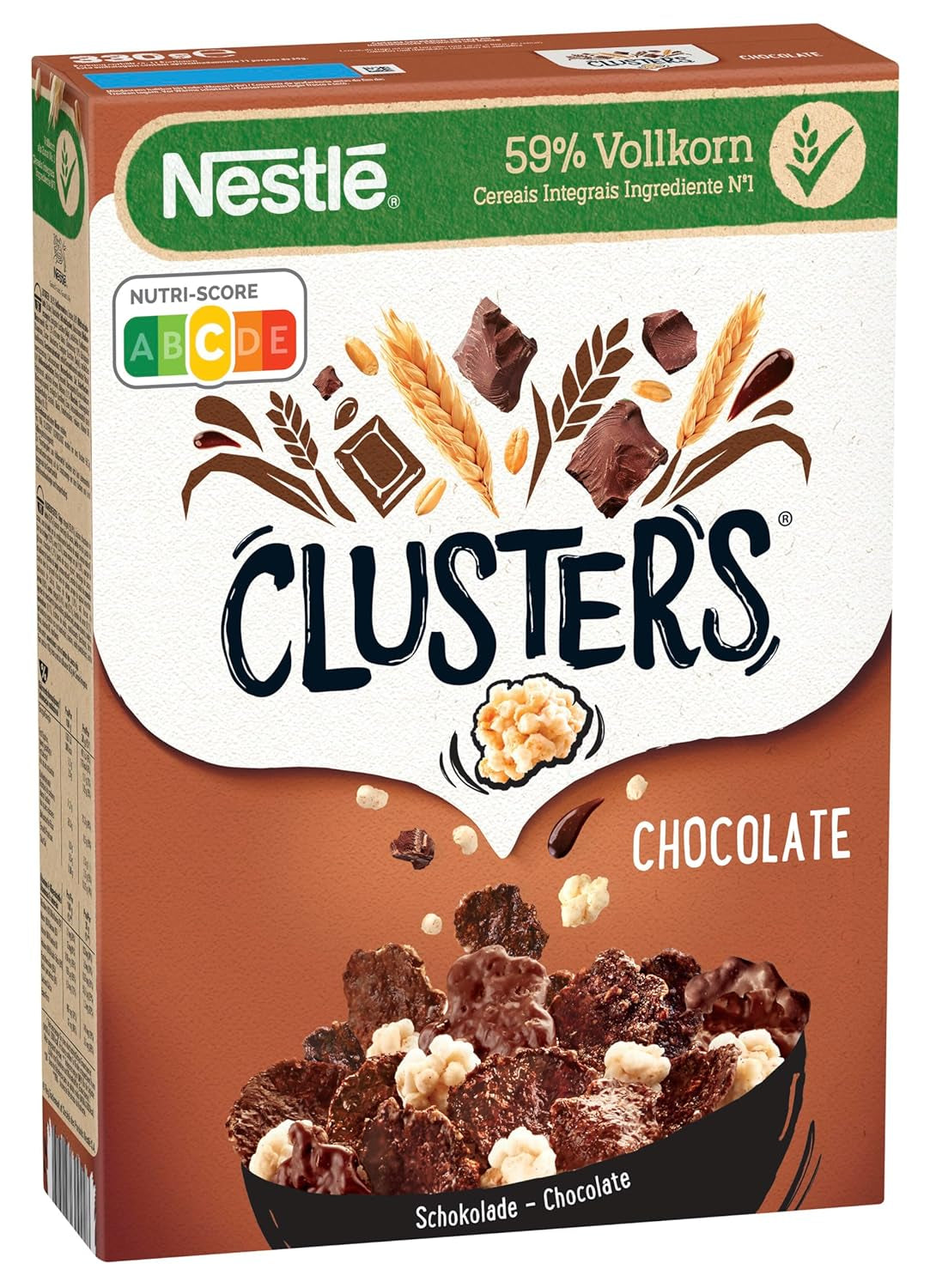 Nestlé CLUSTERS Chokolade, korn lavet med 59% fuldkorn, med chokolade og mandler, indeholder vitaminer, calcium og jern, 1 pakke (1 x 330 g)