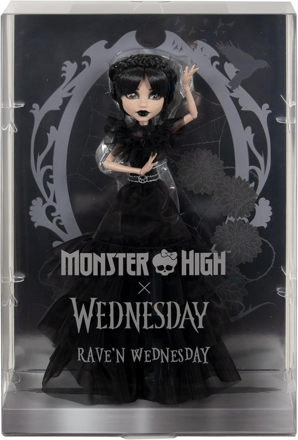 Păpușa Monster High Wednesday, figurină de colecție Rave'N Wednesday în rochie gotică neagră, inspirată de scena dansului, accesorii premium și suport pentru păpuși, HXJ03