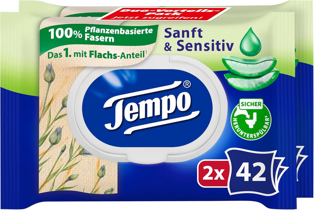 Șervețele umede de toaletă Tempo ''Gentle & Sensitive'' - Megapack - 16 pachete cu 42 de șervețele fiecare - Duo Packs - Aloe Vera naturală - Hârtie igienică, testată dermatologic, neutră pentru piele