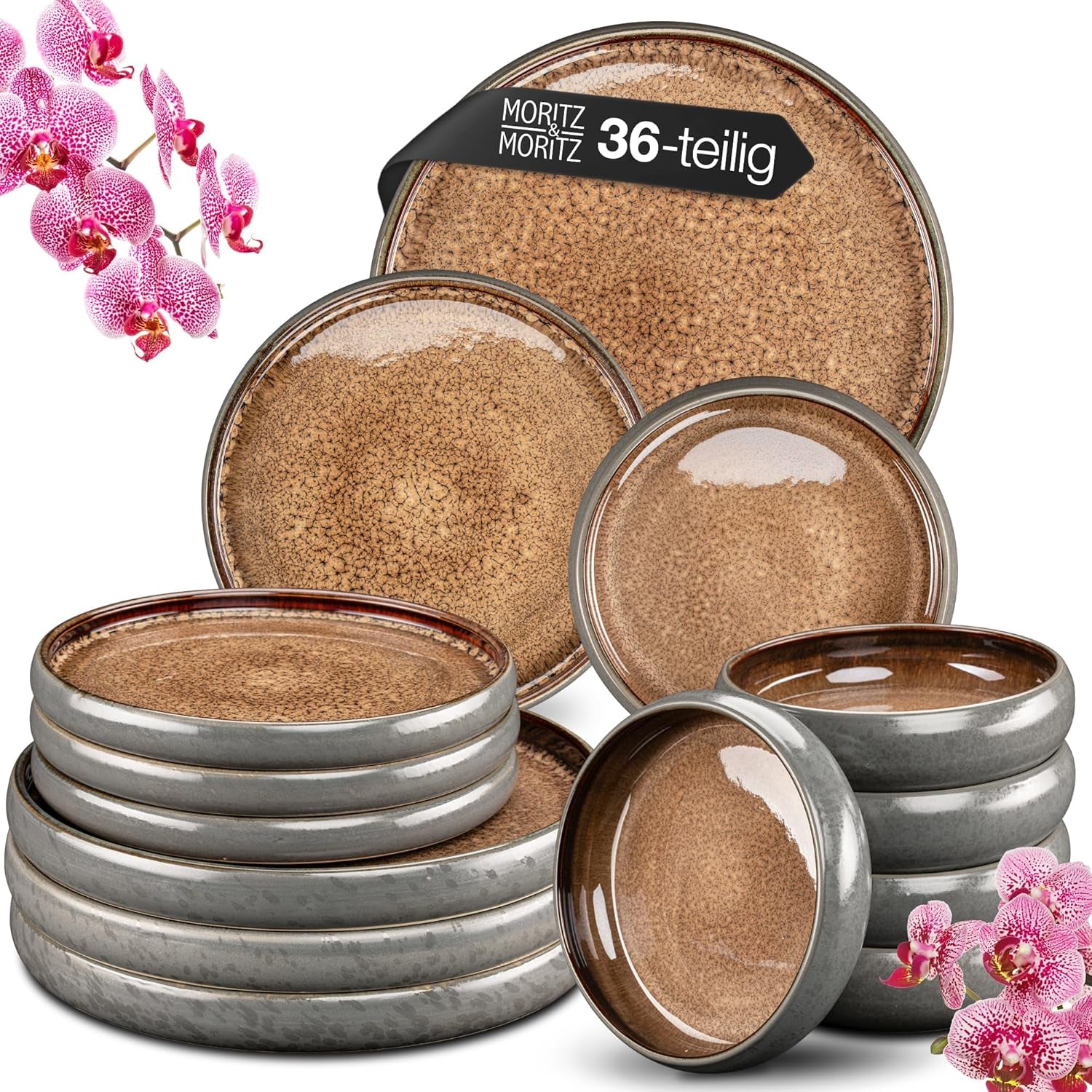 Moritz & Moritz SOLID 36-tlg Steinzeug Geschirr Set 12 Personen - Geschirrset 12 Personen aus je 12 Dinner Teller, Kleine Teller, Tiefe Teller